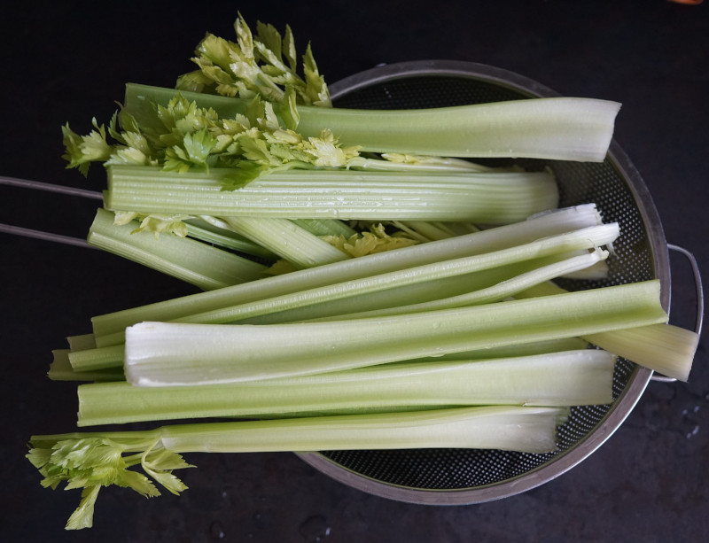 Celery stalks in a dish for fermentation