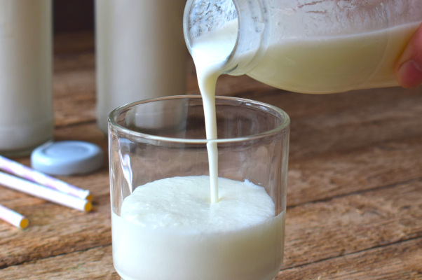 Pouring milk kefir in a glass